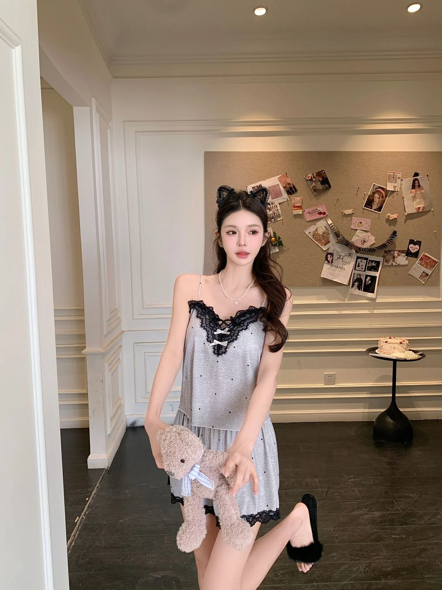 Light Grey Lace Modal Cotton Pajama Set