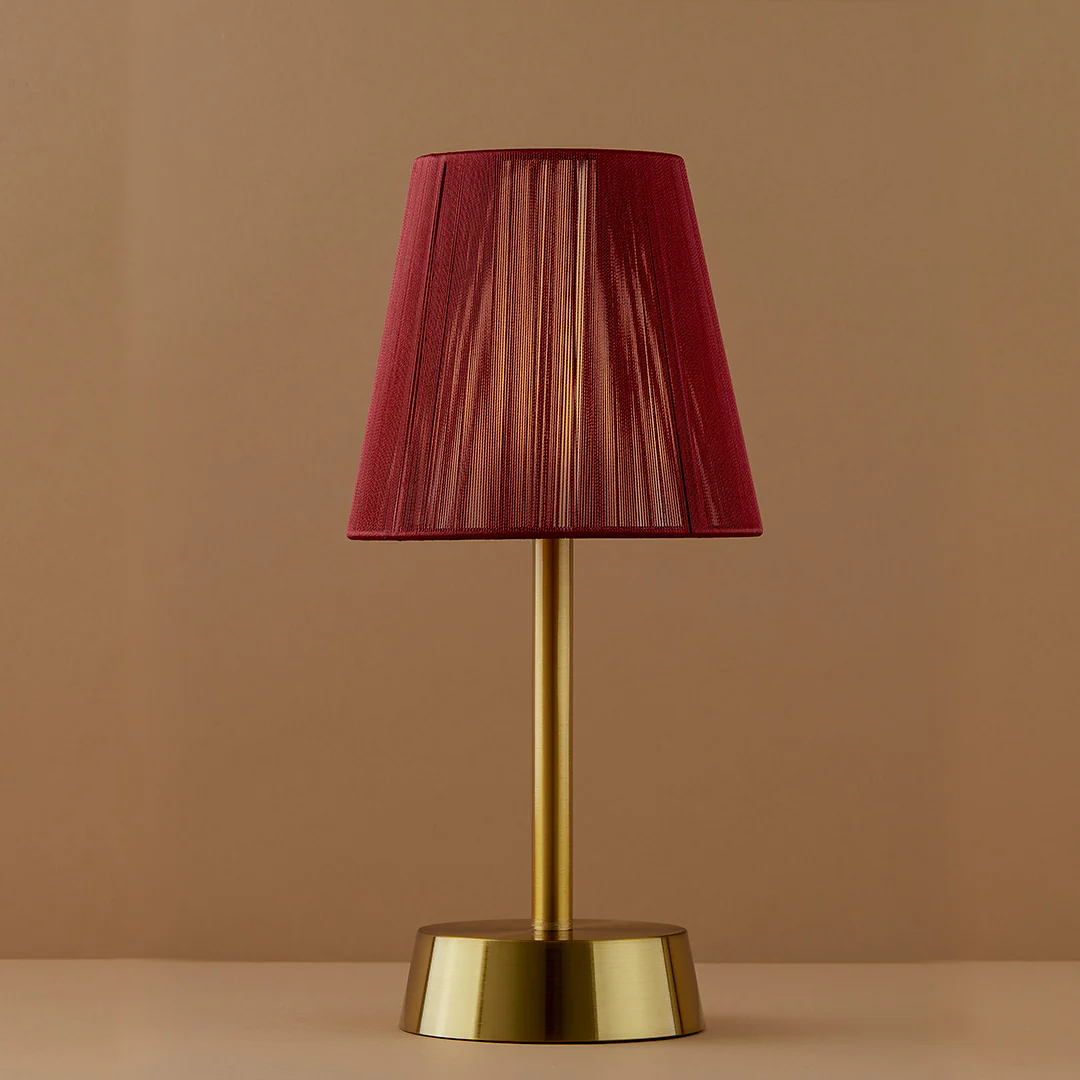 Sofia Fabric Rechargeable Cordless Table Lamp, Brass, Red Shade [C]