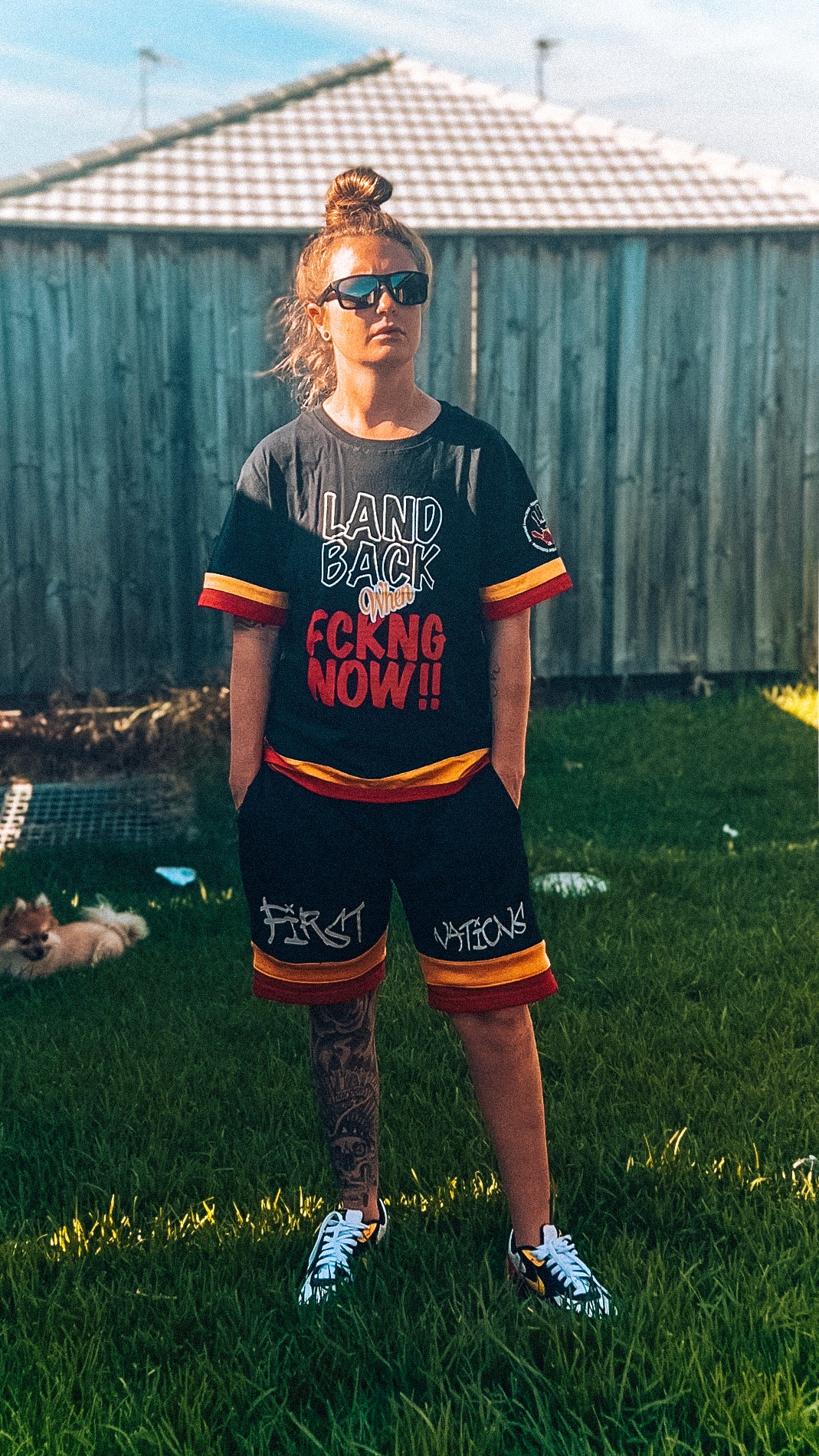 LAND BACK FCKNG NOW Tee: RedYellow Panels