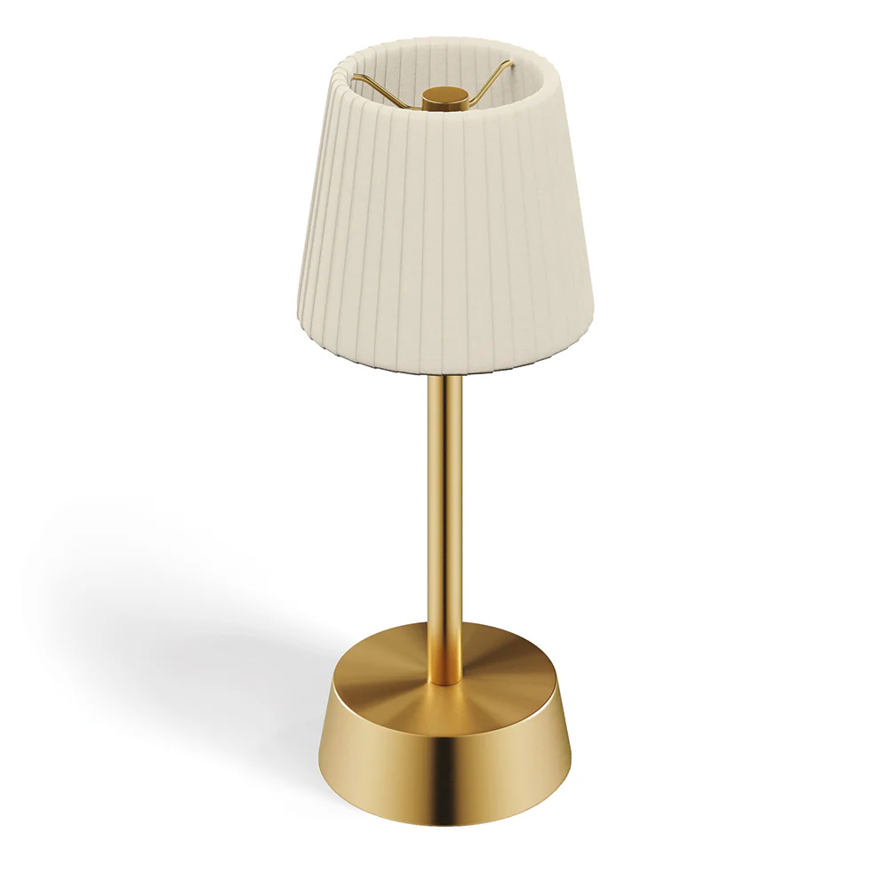 Sofia Fabric Rechargeable Cordless Table Lamp, Brass, Ivory Pleated Shade [D]