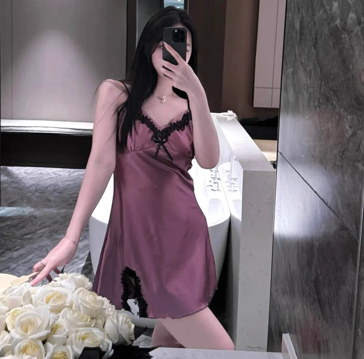 Midnight Plum – Silky Lace Sleepwear