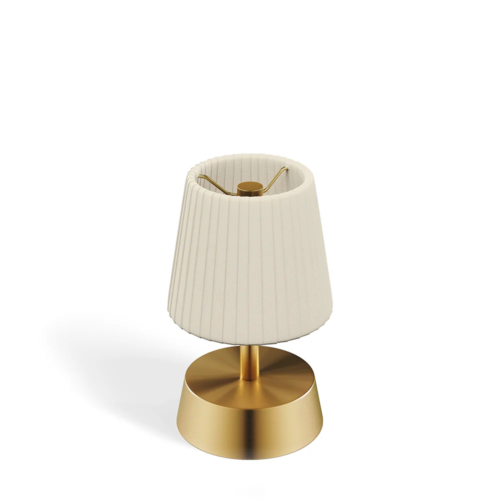 Cleo Rechargeable Cordless Table Lamp, Brass, Ivory Silk Pleated Shade [D]