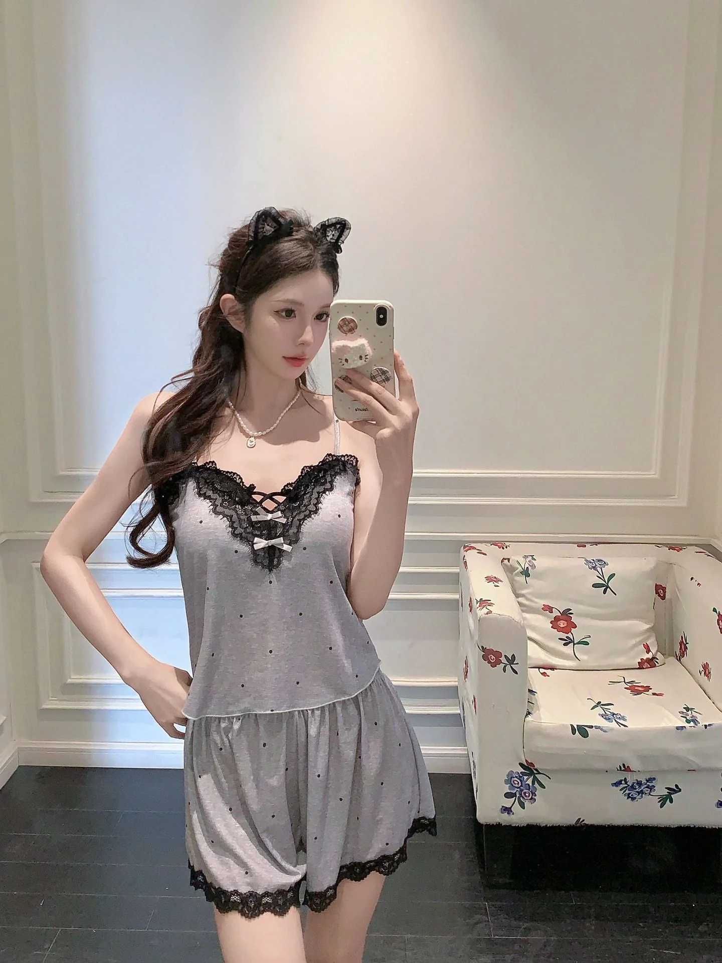 Light Grey Lace Modal Cotton Pajama Set