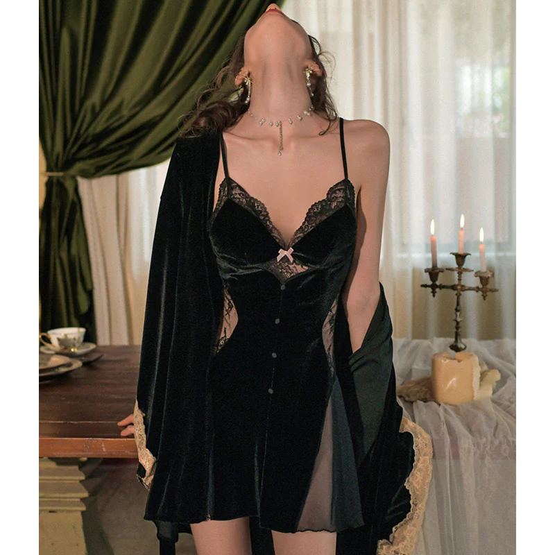 Classy Lace Velvet Women's Nightgown Set