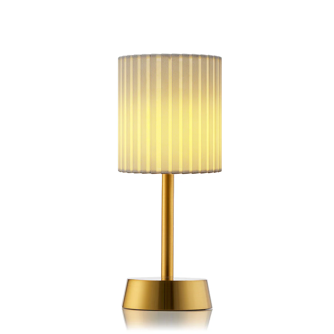 Sofia Fabric Rechargeable Cordless Table Lamp, Brass, Ivory Pleated Shade [A]