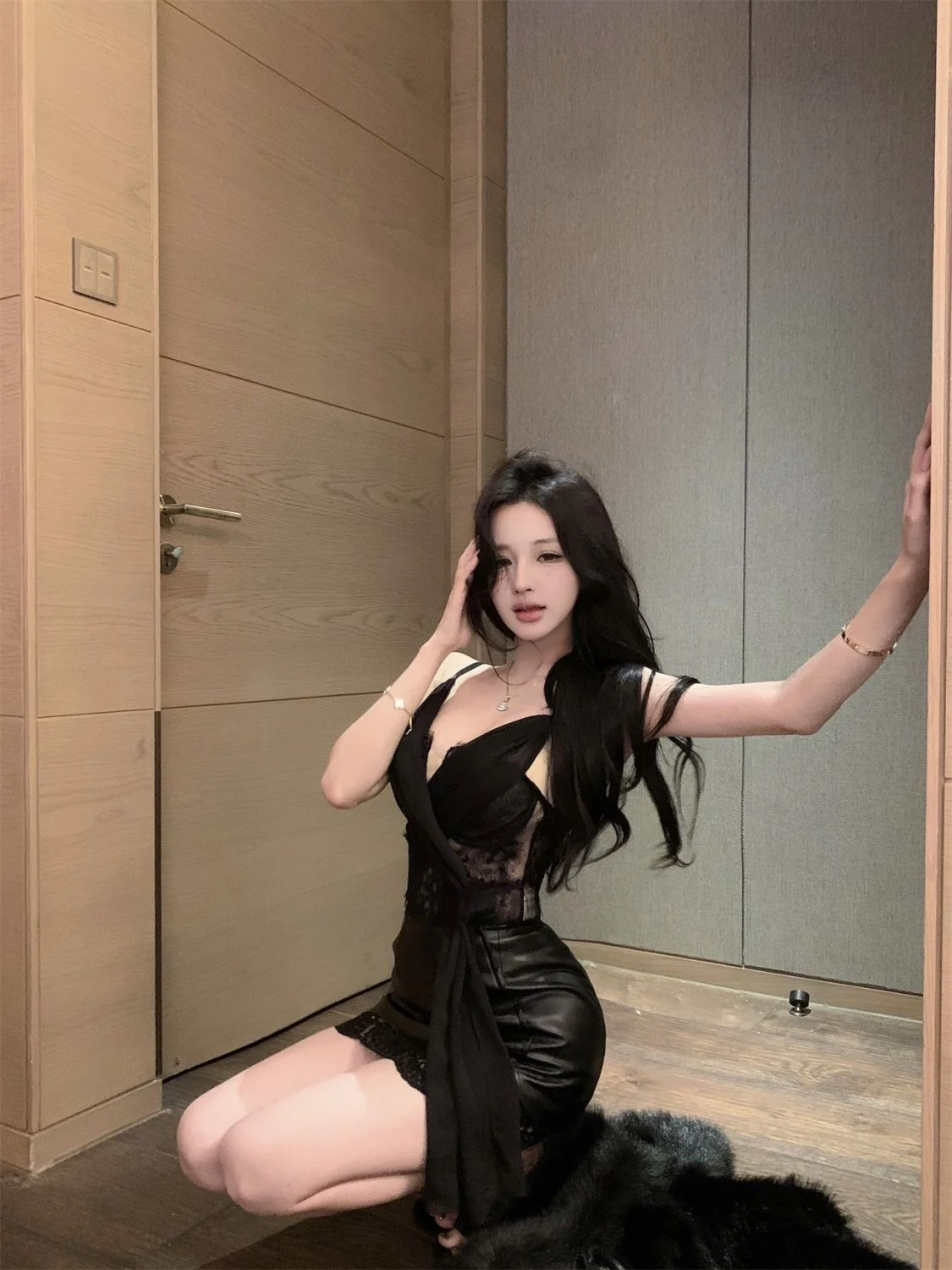 Lace Cami Deep V Leather Skirt Set