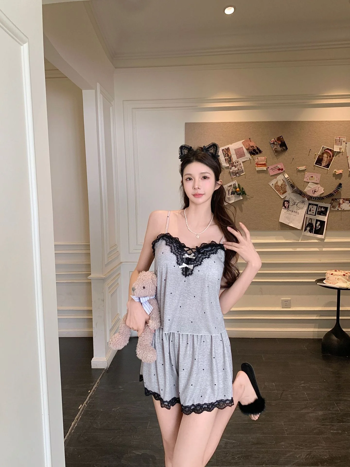 Light Grey Lace Modal Cotton Pajama Set