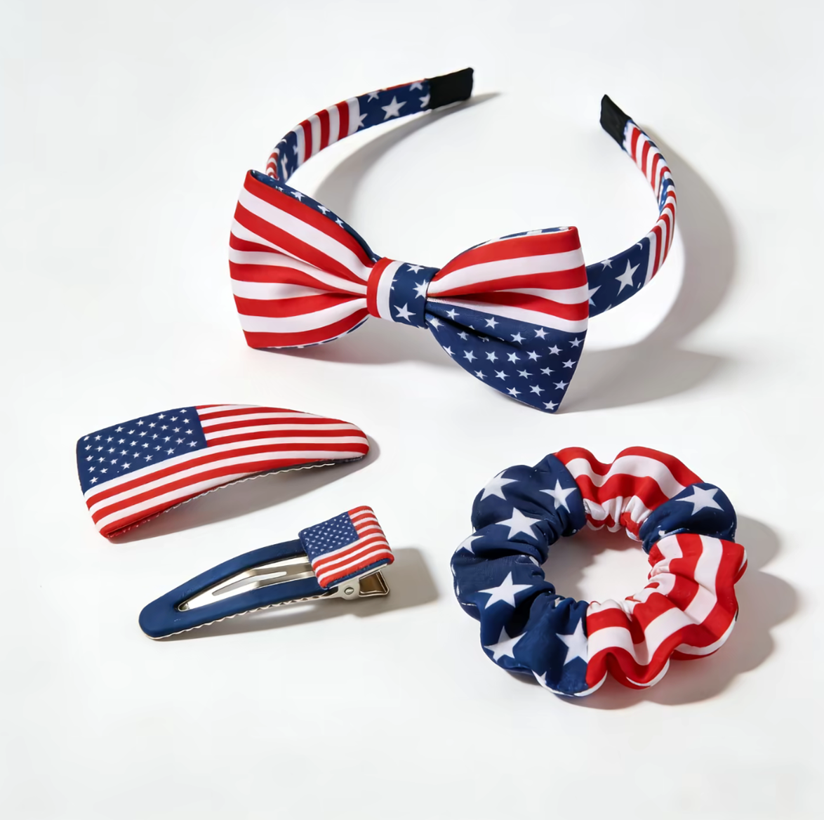 USA Flag World Cup Soccer Hair Accessories Set Bow Headband, Hair Clips & Scrunchie – Game Day Fan Gear