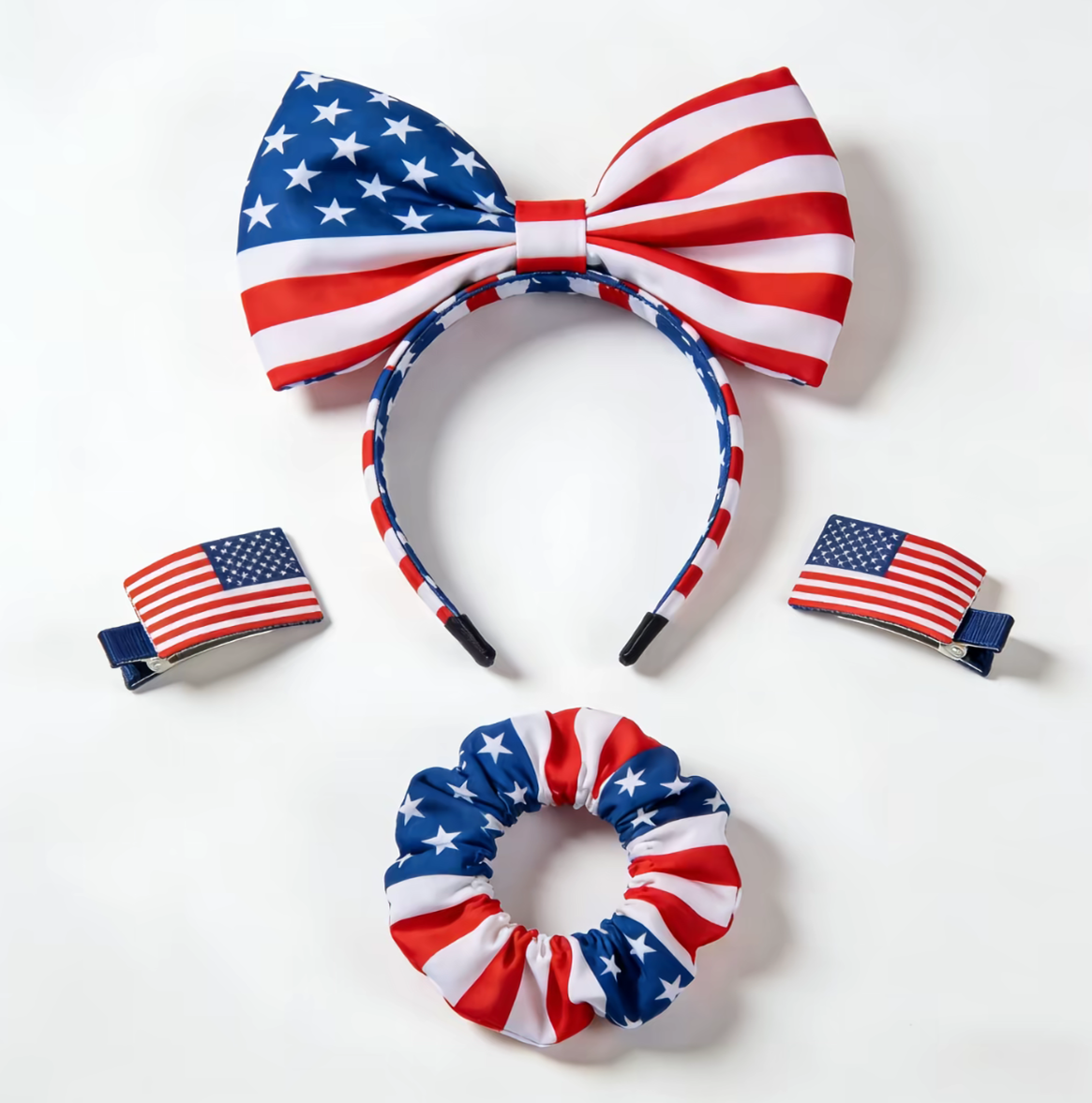 USA Flag World Cup Soccer Hair Accessories Set Bow Headband, Hair Clips & Scrunchie – Game Day Fan Gear