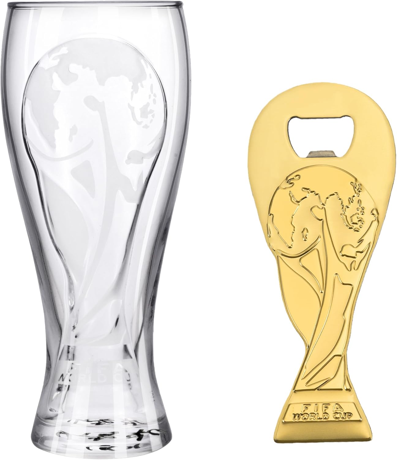 Official FIFA World Cup 2026 Edition - 17oz Pilsner Beer Glass & 6-Inch Trophy Bottle Opener Gift Set - 1 of Each - Perfect for Parties, Mancaves, Gamedays, Tailgates, BBQ’s - Collectors Drinkware Set