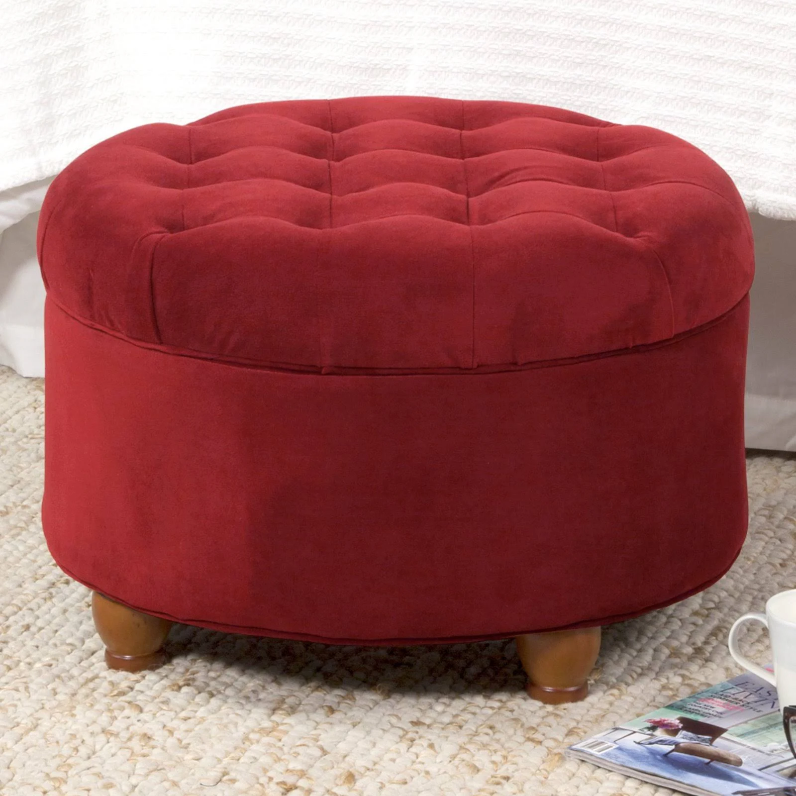 HomePop Button Tufted Round Storage Ottoman, Red ahuboo