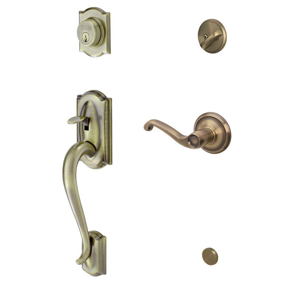 Schlage Camelot Antique Brass RightHand Handleset with Flair Interior