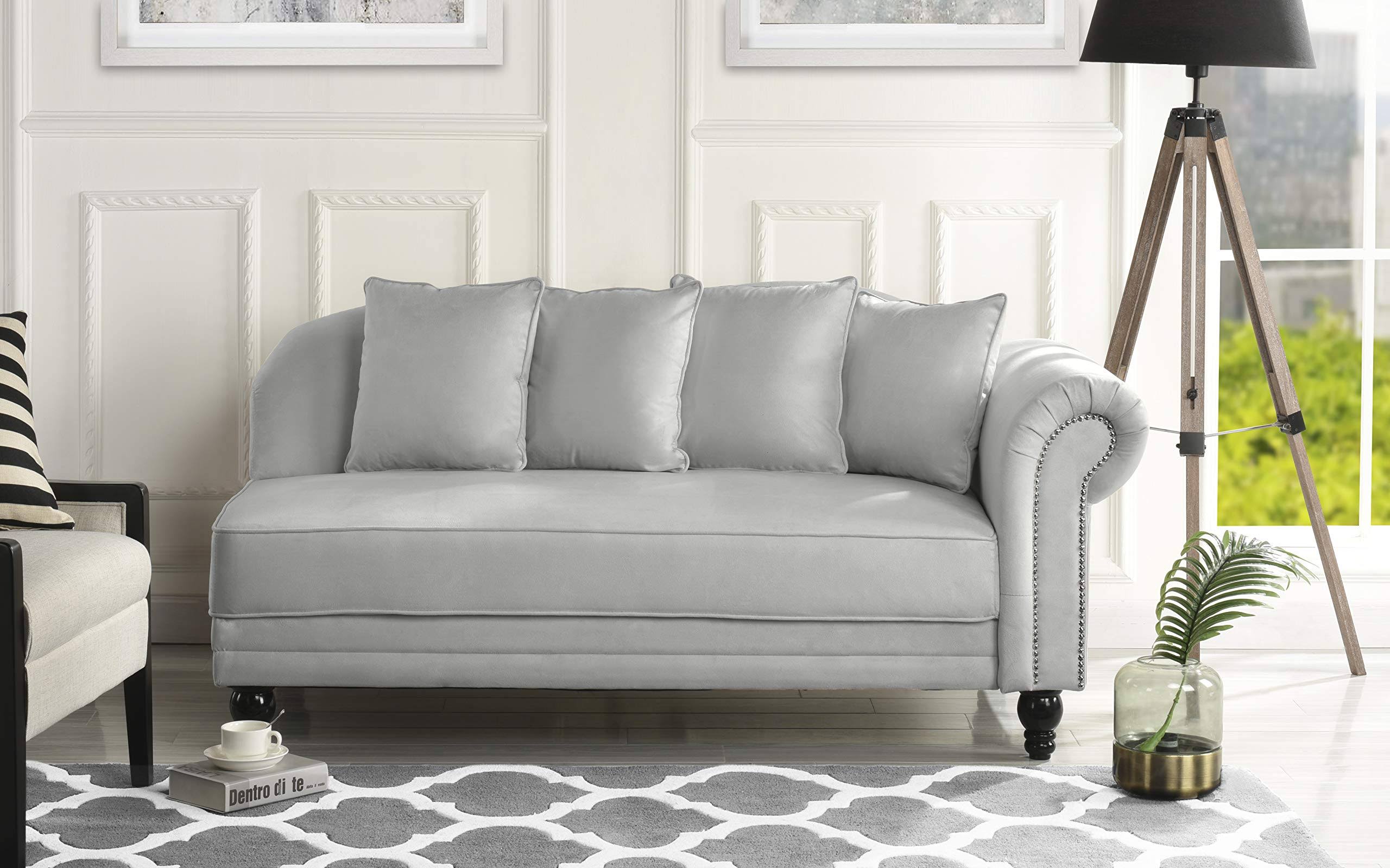 Large Velvet Upholstery Chaise Lounge, Nailhead TRIM, Light Gray ahuboo