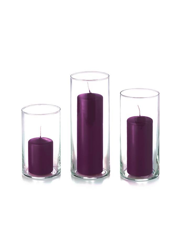 Yummi Set of 36 Slim Pillar Candles and Cylinder Vases Dark Purple