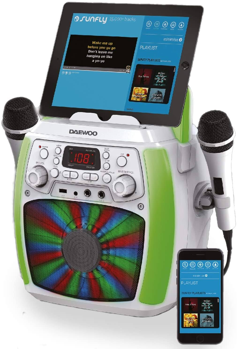 Daewoo Bluetooth Portable Karaoke Machine with 2 Wired Microphones and