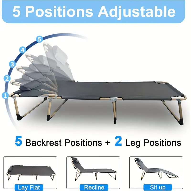 Portable Folding Camping Cot – Oversize, 5-Position Reclining Chair with Pillow