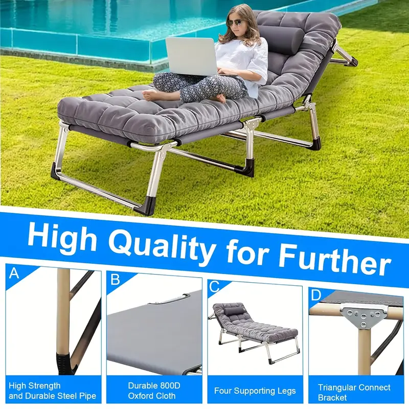 Portable Folding Camping Cot – Oversize, 5-Position Reclining Chair with Pillow