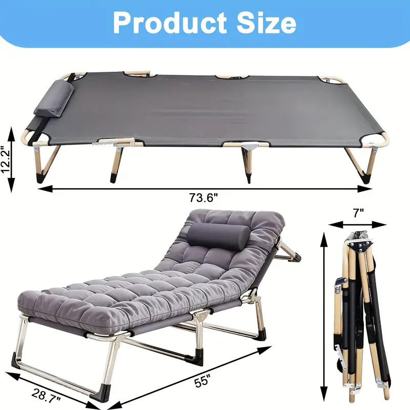 Portable Folding Camping Cot – Oversize, 5-Position Reclining Chair with Pillow