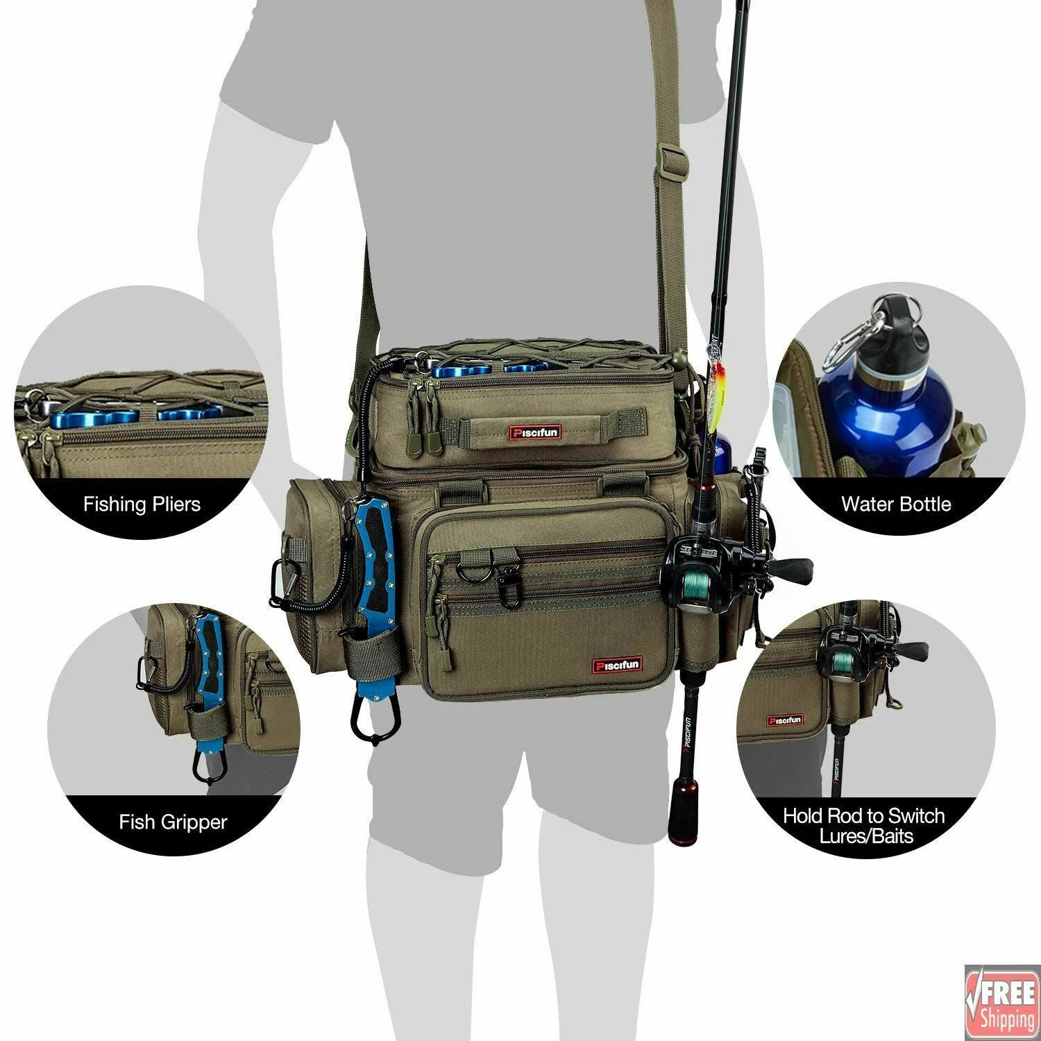 🔥Piscifun Outdoor Fishing Tackle Box Bag Militarygrade Multifunctional