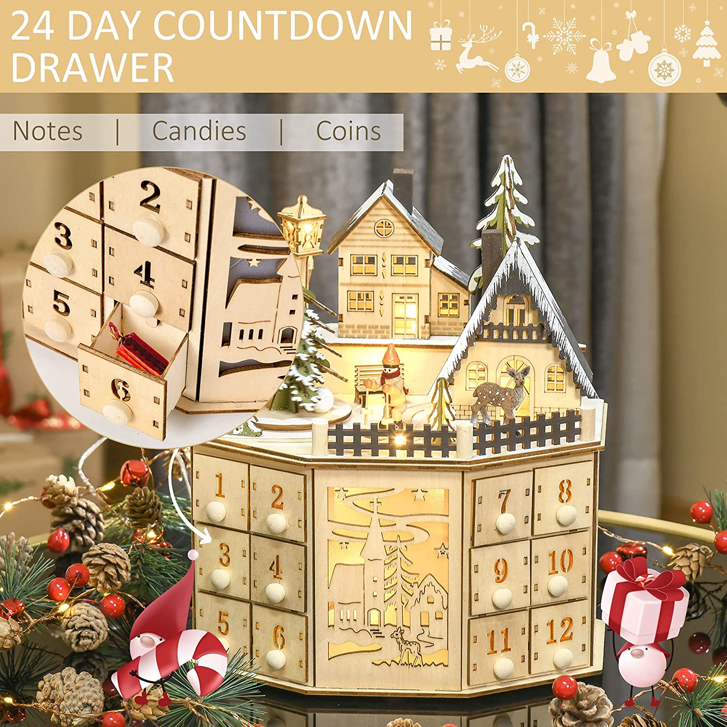 HOMCOM Christmas Advent Calendar, Light Up Table Xmas Wooden Holiday ...