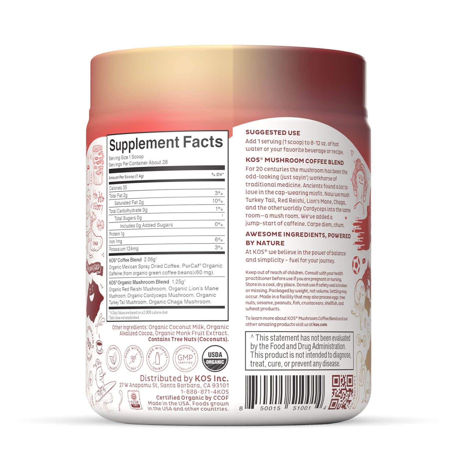 KOS Mushroom Coffee Dark Chocolate Mocha Flavor Organic Instant Coffee Mix with Reishi