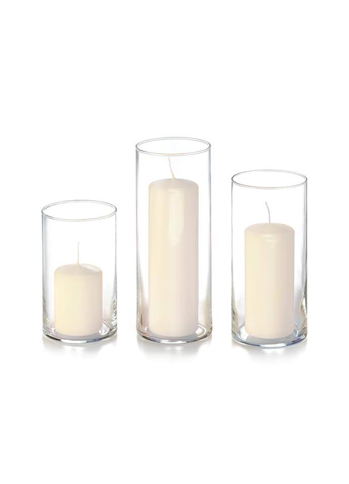 🔥Yummi Set of 36 Slim Pillar Candles and Cylinder Vases Ivory dersya