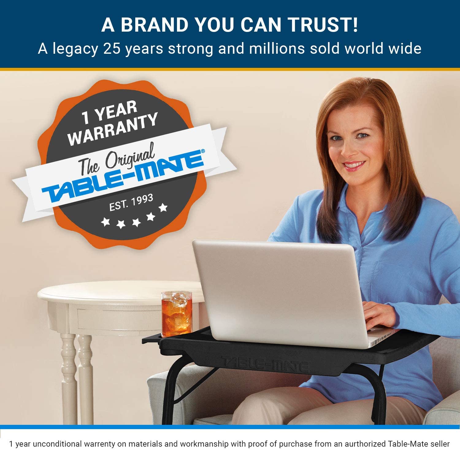 TableMate XL PRO Extra Large Wide Folding Desk TV Tray Table and Cup Holder 6 Height and 3