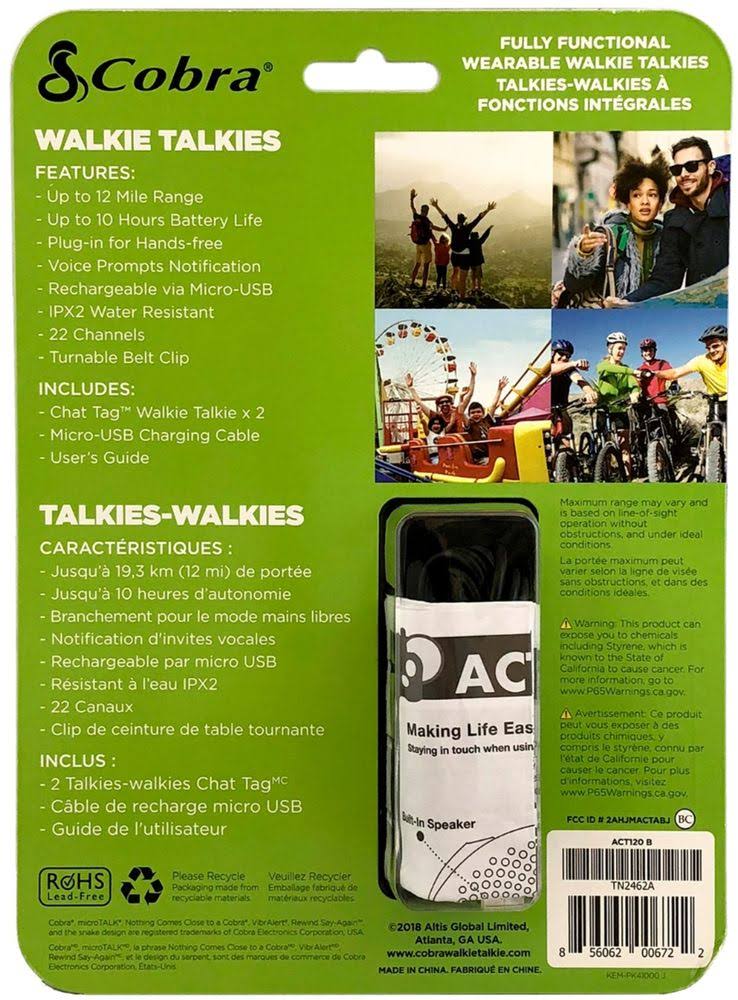 Cobra Chat Tag 12Mile, 22Channel Frs/gmrs 2Way Radios (Pair