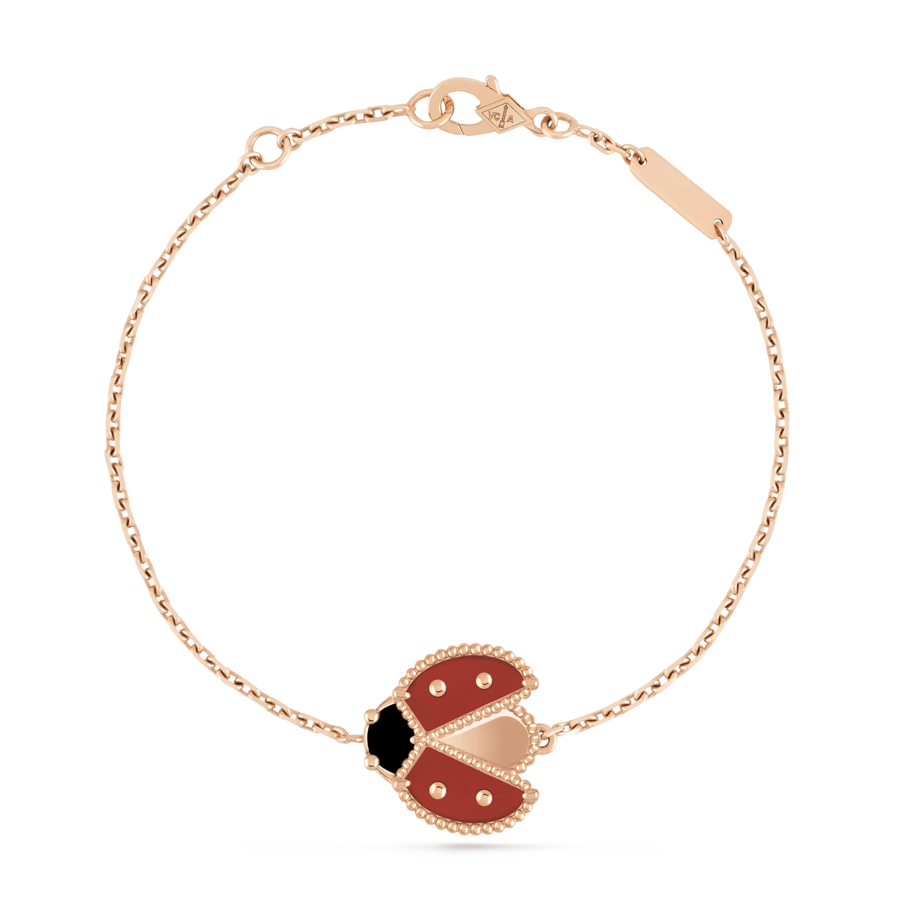 Lucky Spring bracelet, ladybug with spread wings, rose gold, onyx, carnelian.