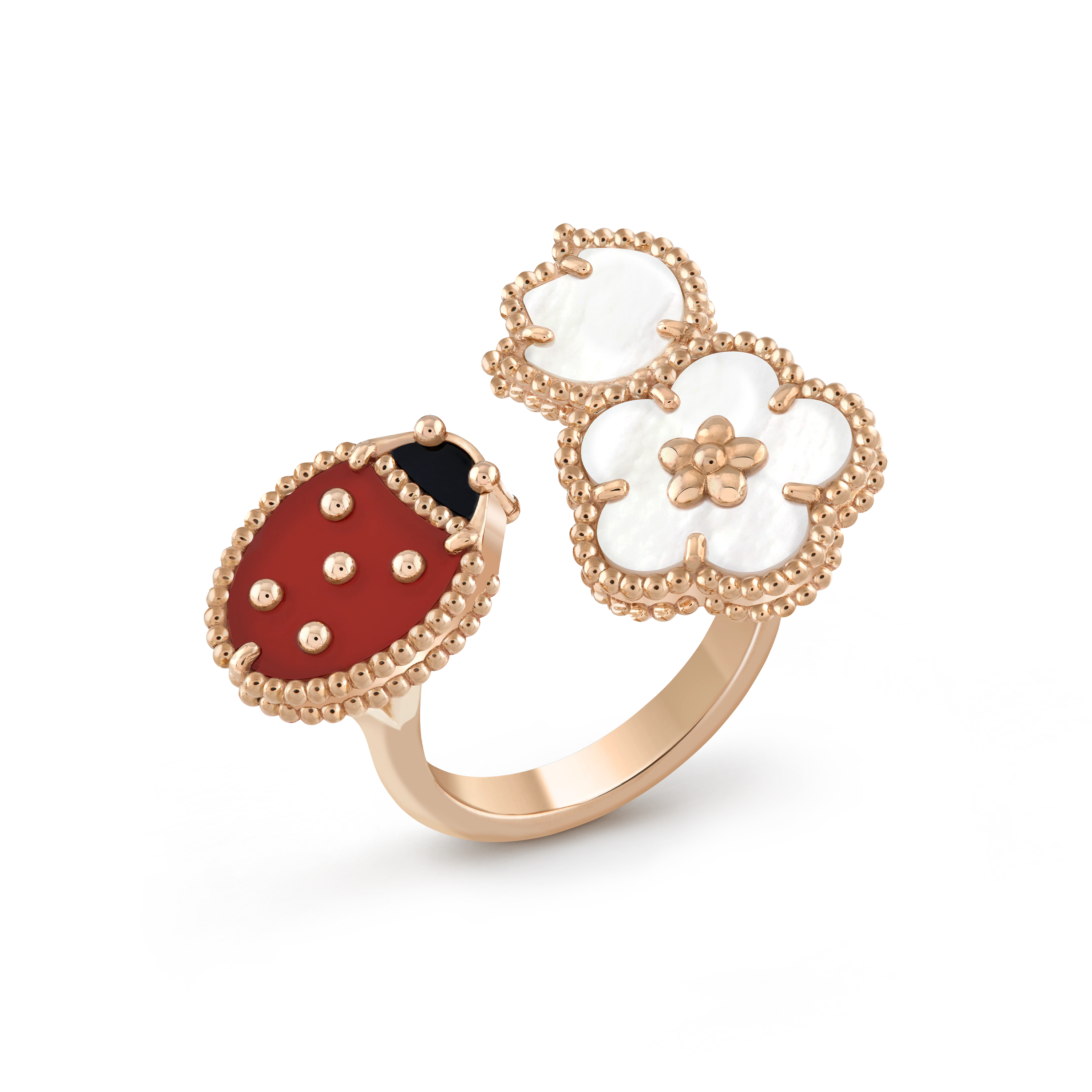 Lucky Spring Finger Ring  rose gold, mother-of-pearl, carnelian, onyx