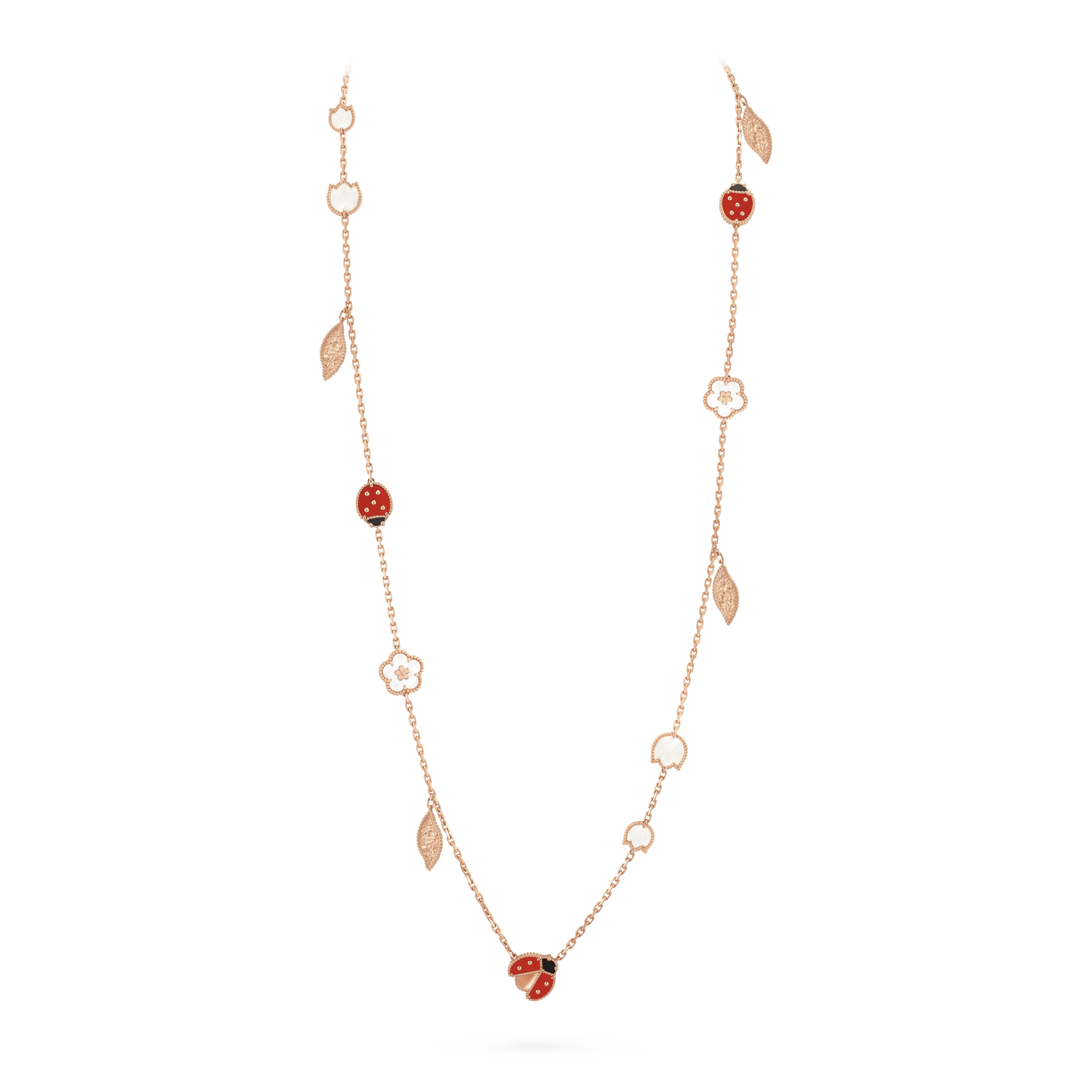 Lucky Spring long necklace, 15 motifs,  rose gold, white mother-of-pearl, carnelian, onyx.
