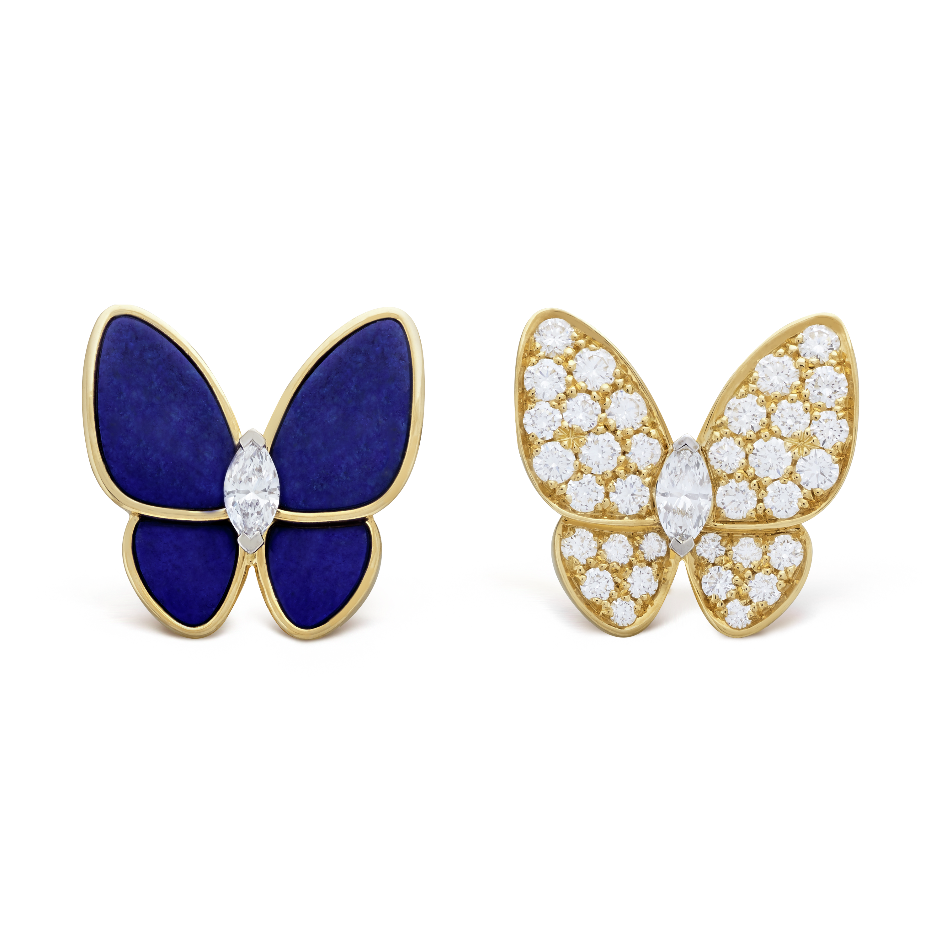 Two Butterfly earrings yellow gold, Diamond