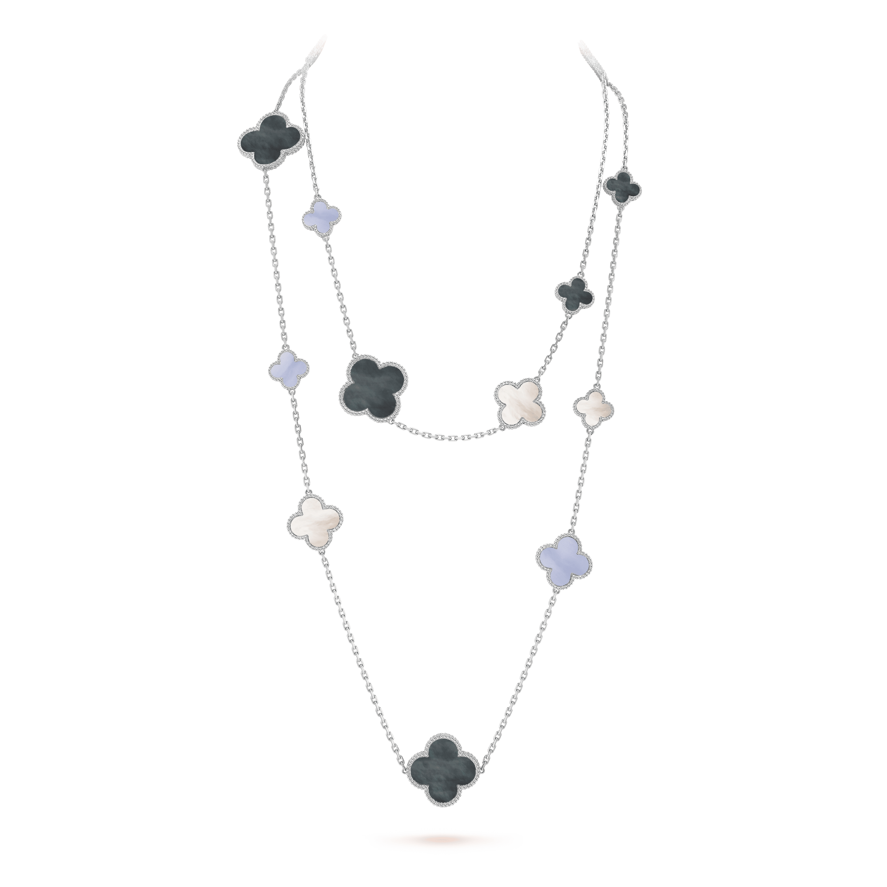 Van Cleef&Arpels VintageMagic Alhambra long necklace, 16 motifs  white gold, Chalcedony, Mother-of-pearl