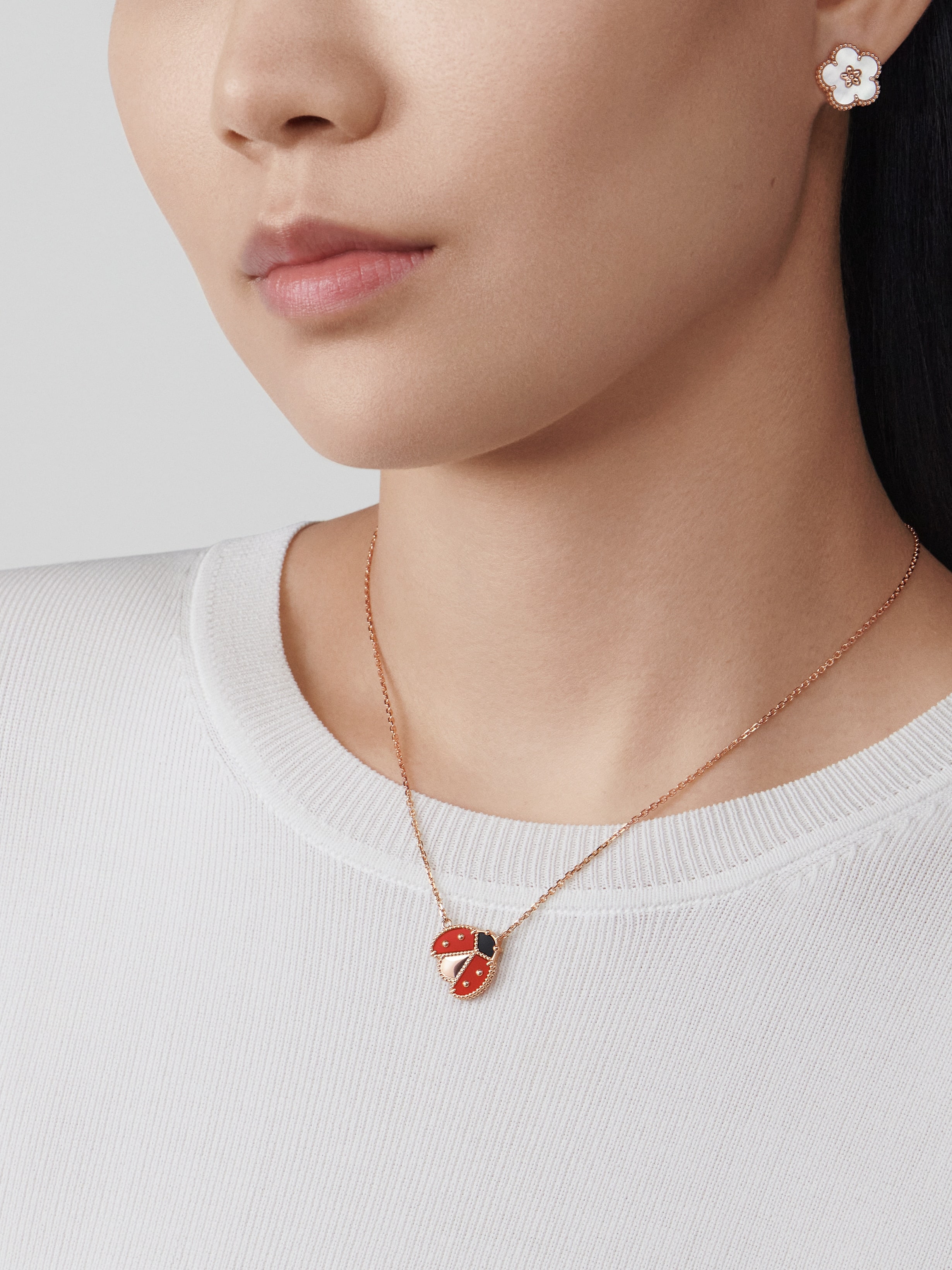 Lucky Spring Necklace, ladybug with spread wings rose gold, carnelian, onyx
