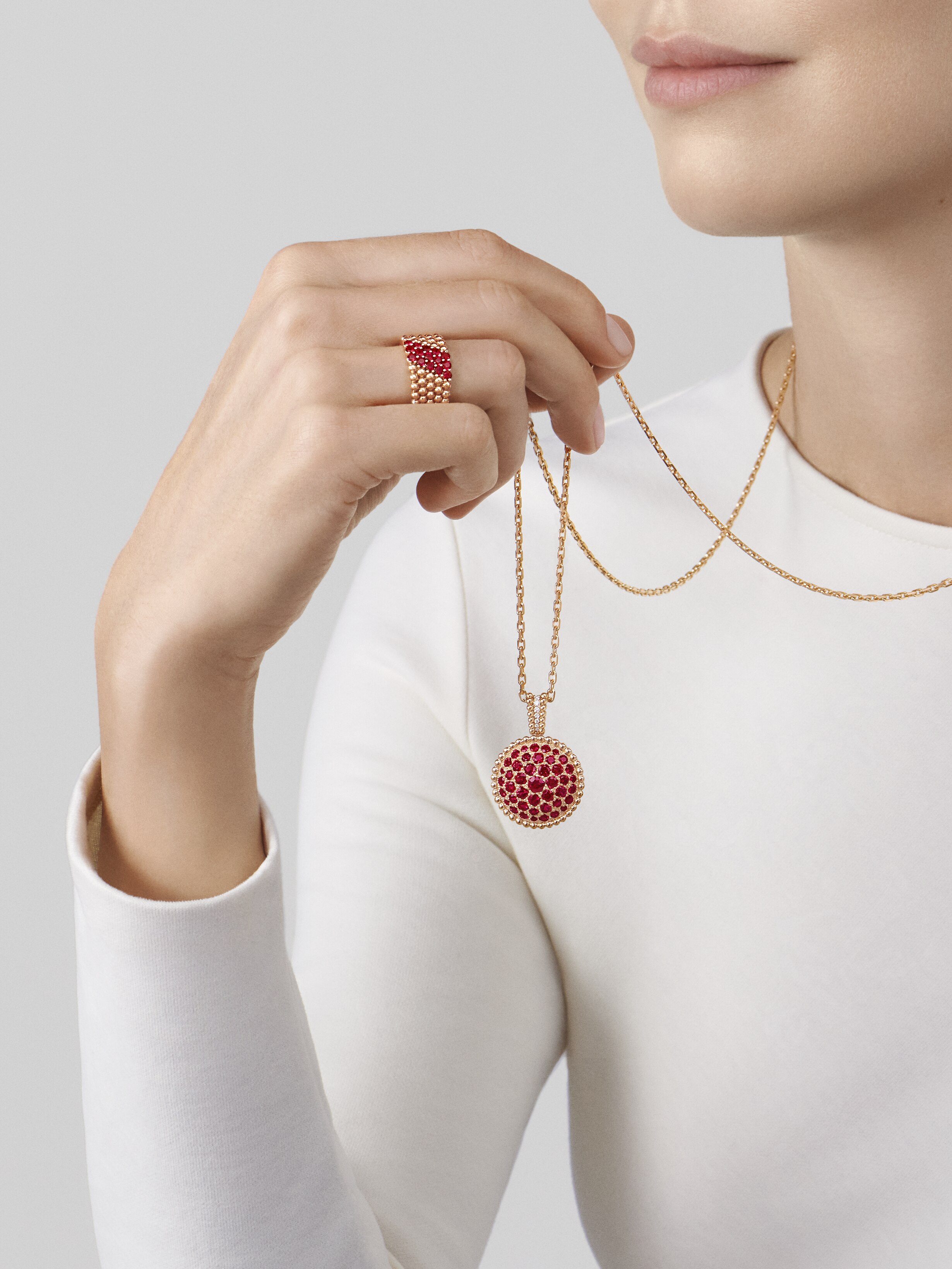 Perlée couleurs ring, 5 rows  rose gold, Ruby