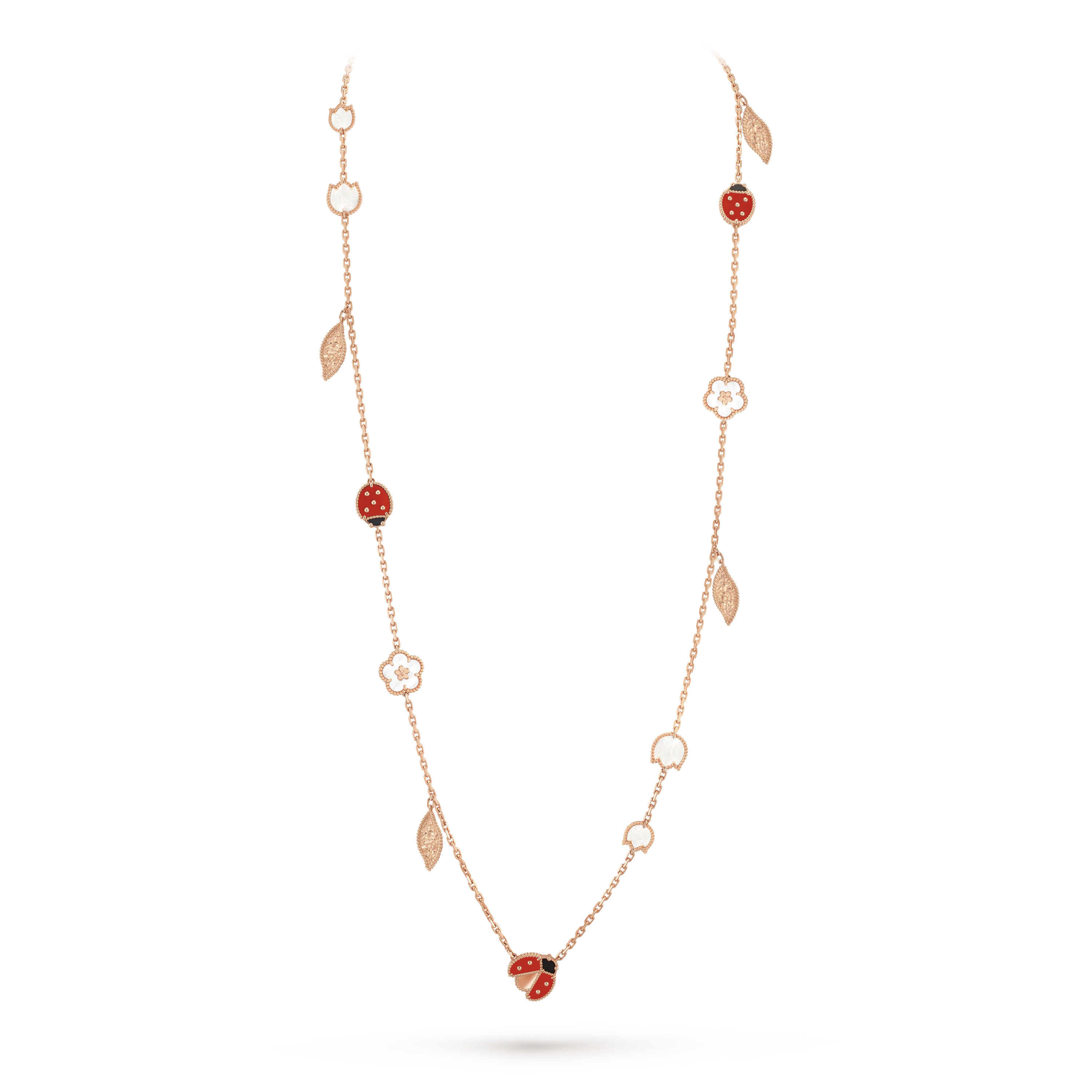 Lucky Spring long necklace, 15 motifs,  rose gold, white mother-of-pearl, carnelian, onyx.