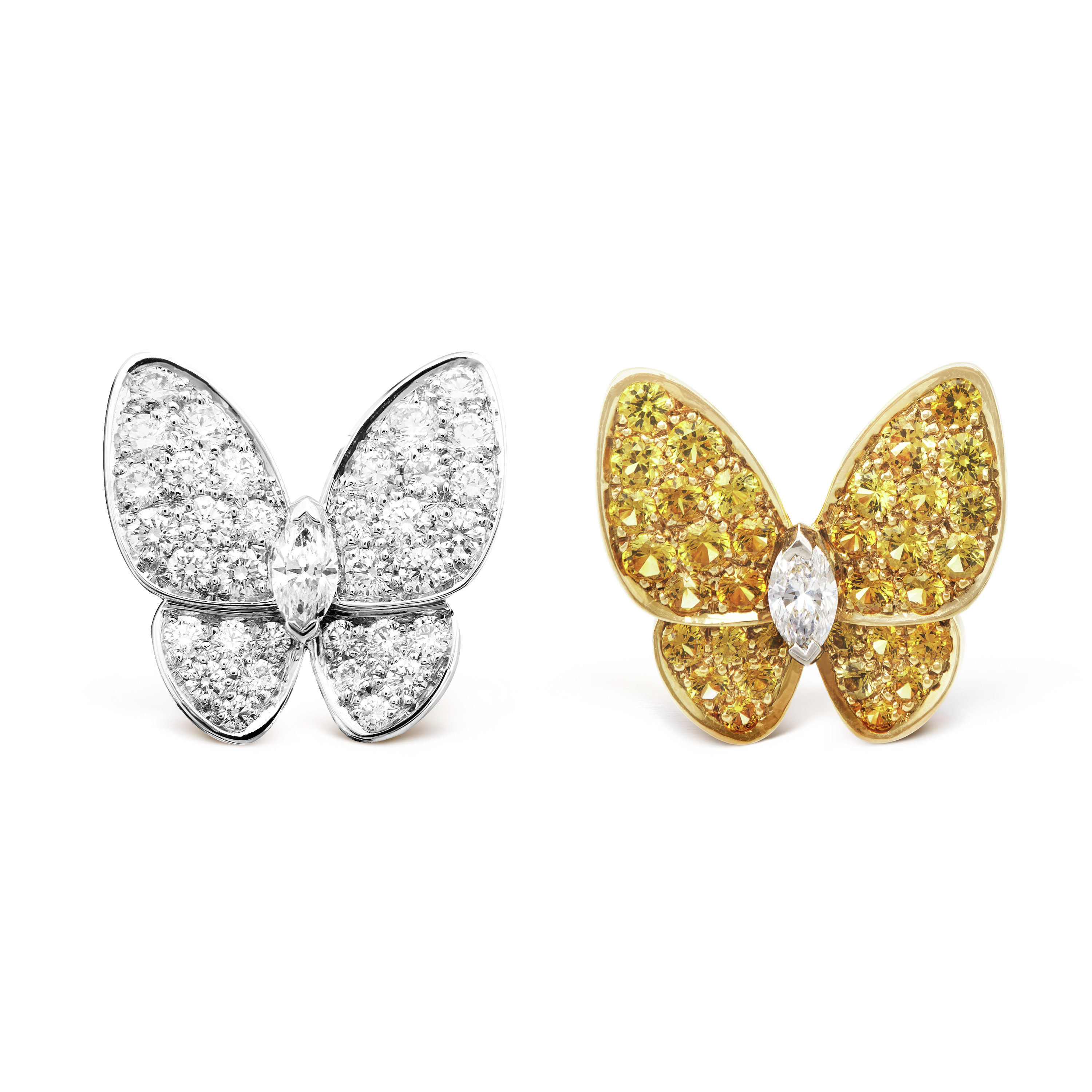 Two Butterfly earrings yellow gold, Diamond