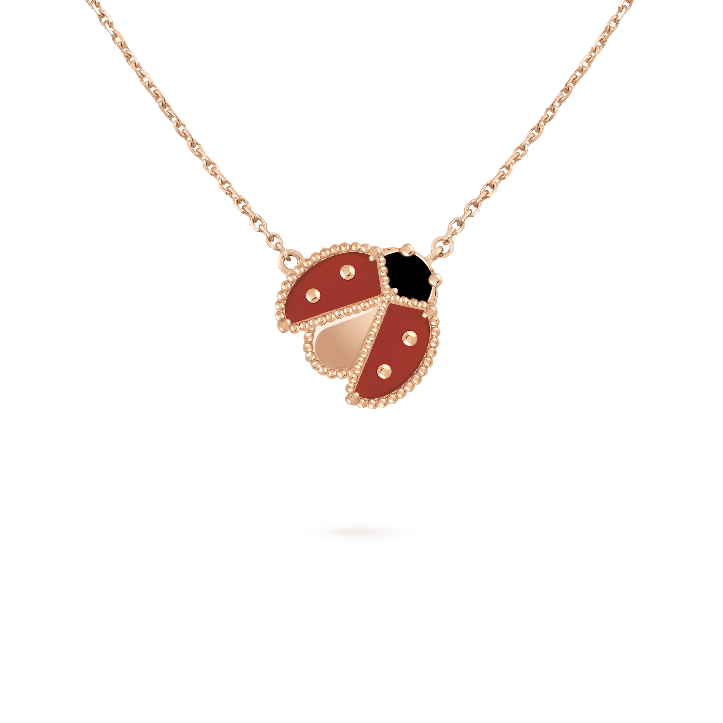 Lucky Spring Necklace, ladybug with spread wings rose gold, carnelian, onyx
