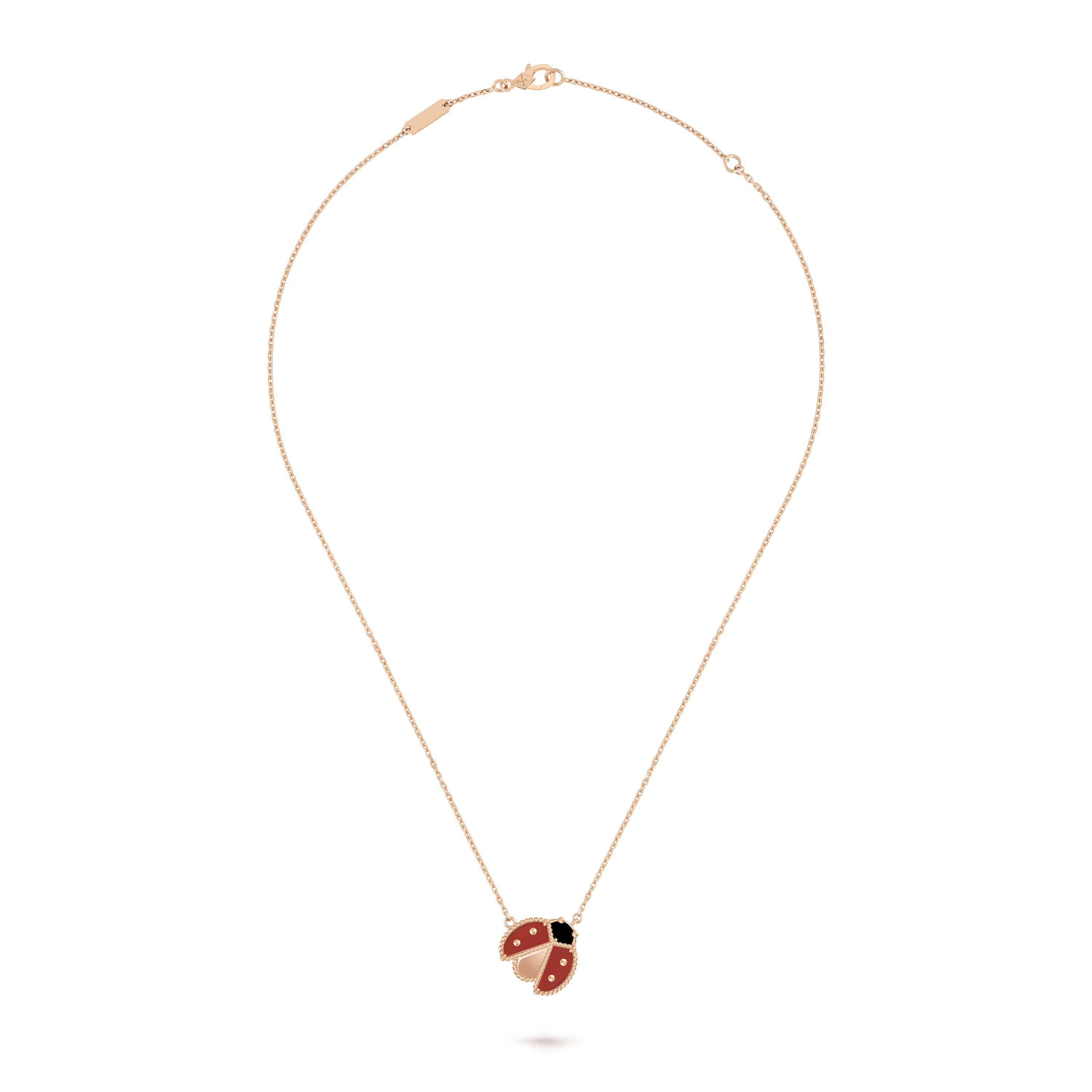 Lucky Spring Necklace, ladybug with spread wings rose gold, carnelian, onyx