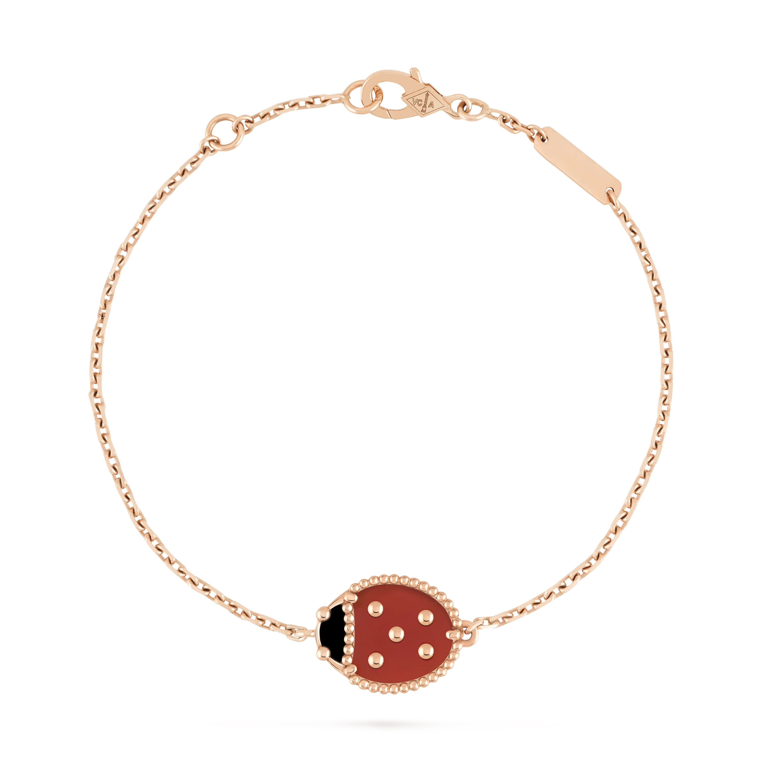 Lucky Spring bracelet, ladybug with closed wings,  rose gold, onyx, carnelian.