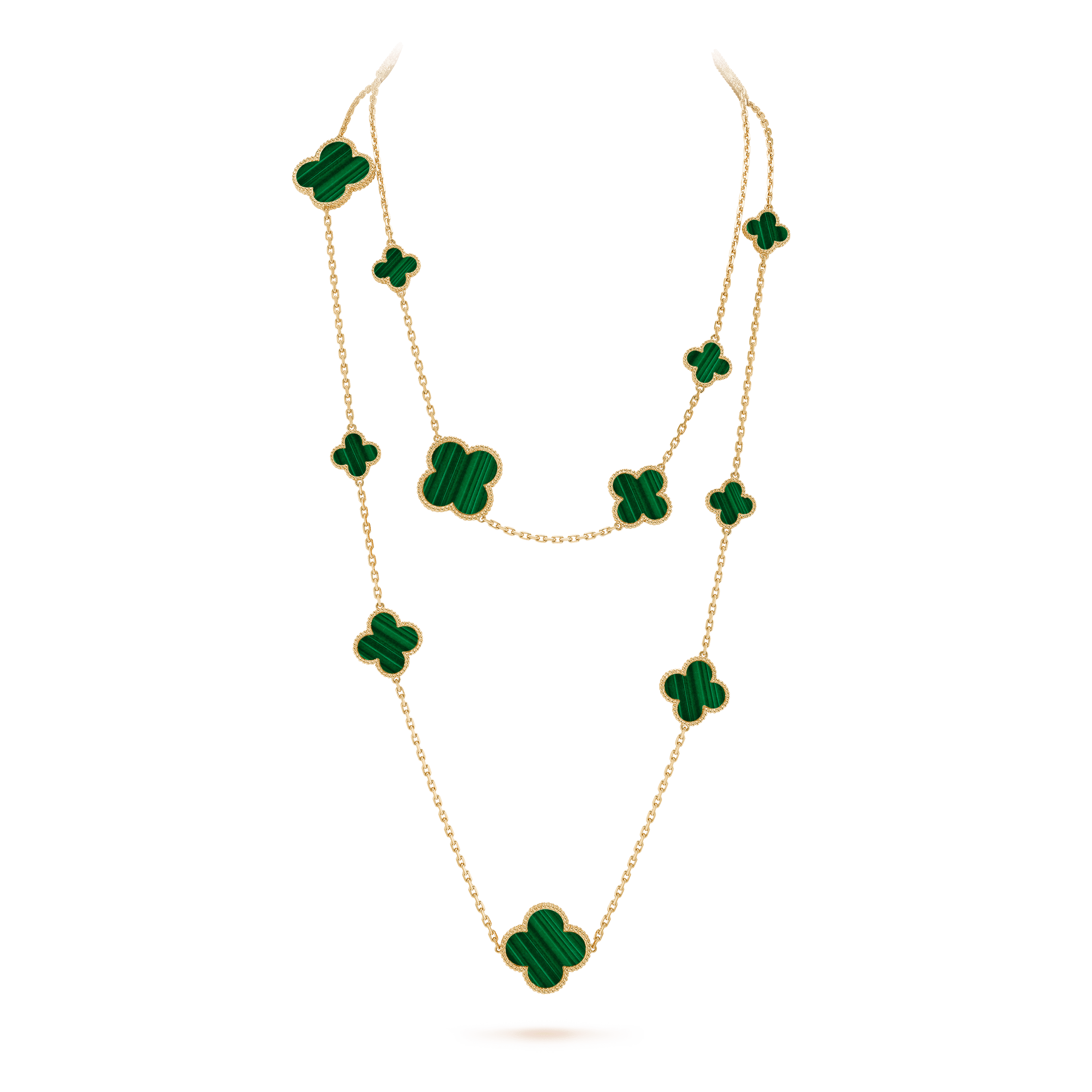 Magic Alhambra long necklace, 16 motifs  yellow gold, Malachite