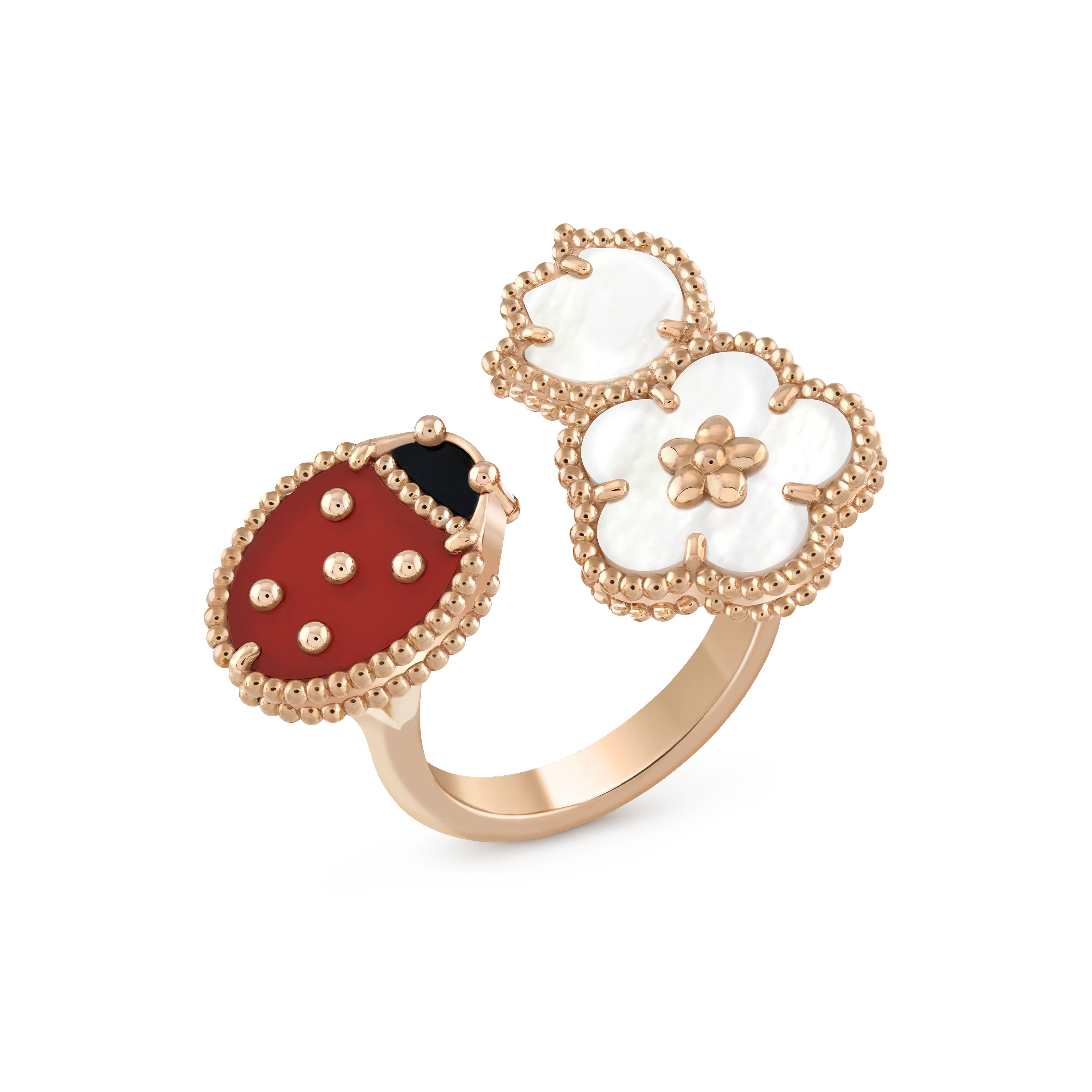 Lucky Spring Finger Ring  rose gold, mother-of-pearl, carnelian, onyx