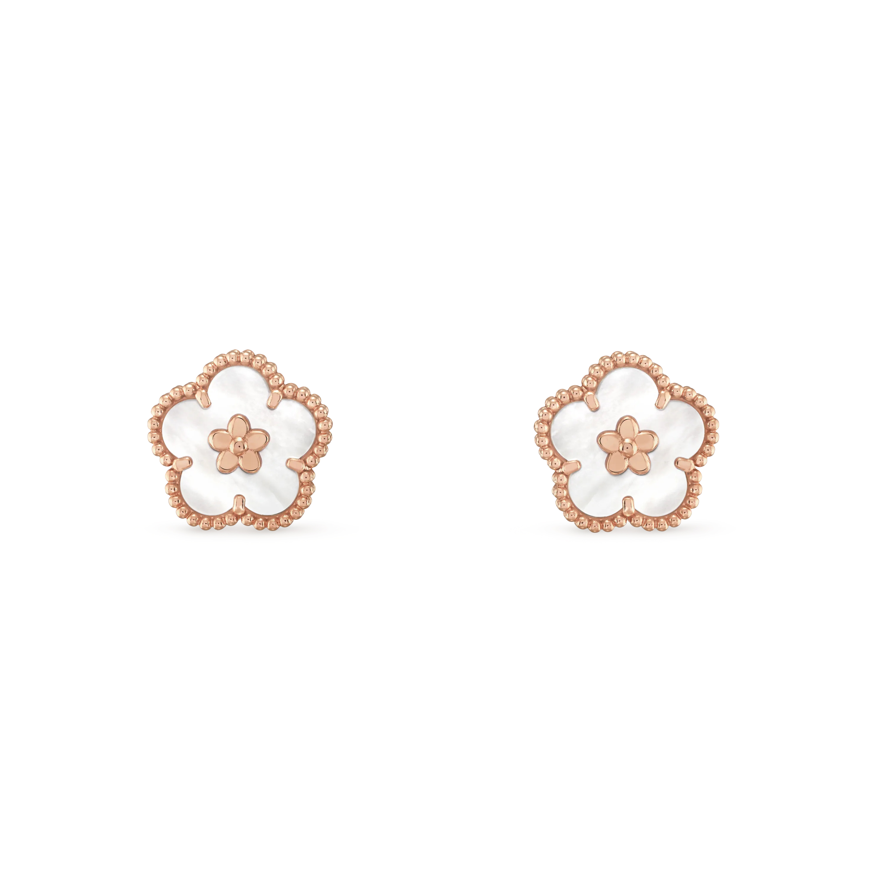 Lucky Spring earrings, plum blossoms,  rose gold, white mother-of-pearl.
