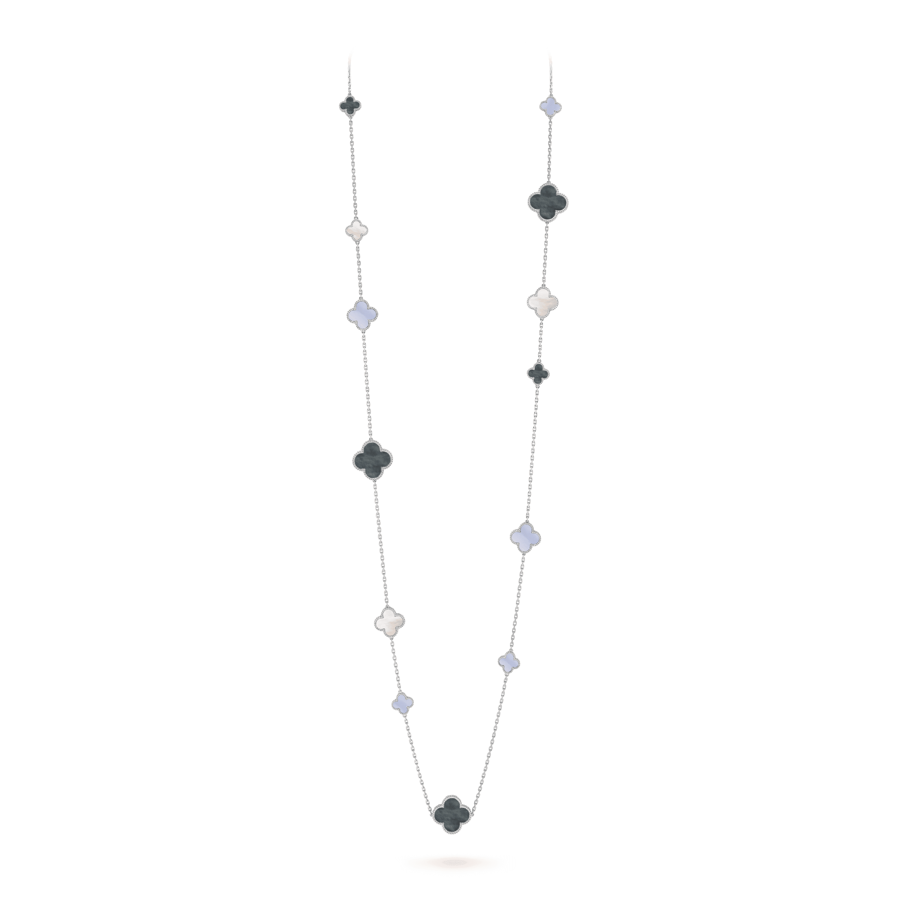 Van Cleef&Arpels VintageMagic Alhambra long necklace, 16 motifs  white gold, Chalcedony, Mother-of-pearl