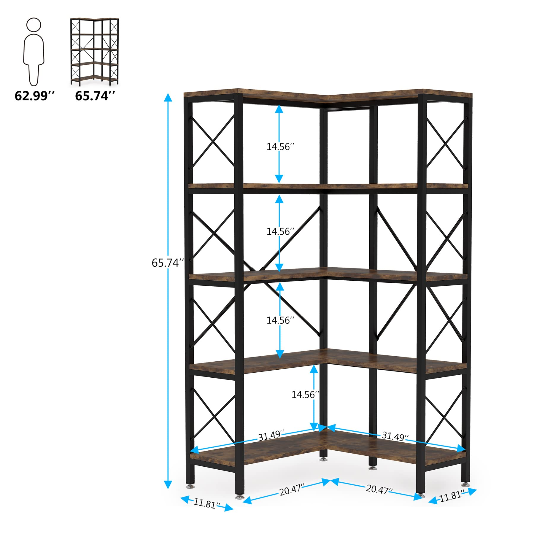 5-Shelf Corner Bookshelf, Large Modern Corner Bookcase, 5-Tier Tall ...