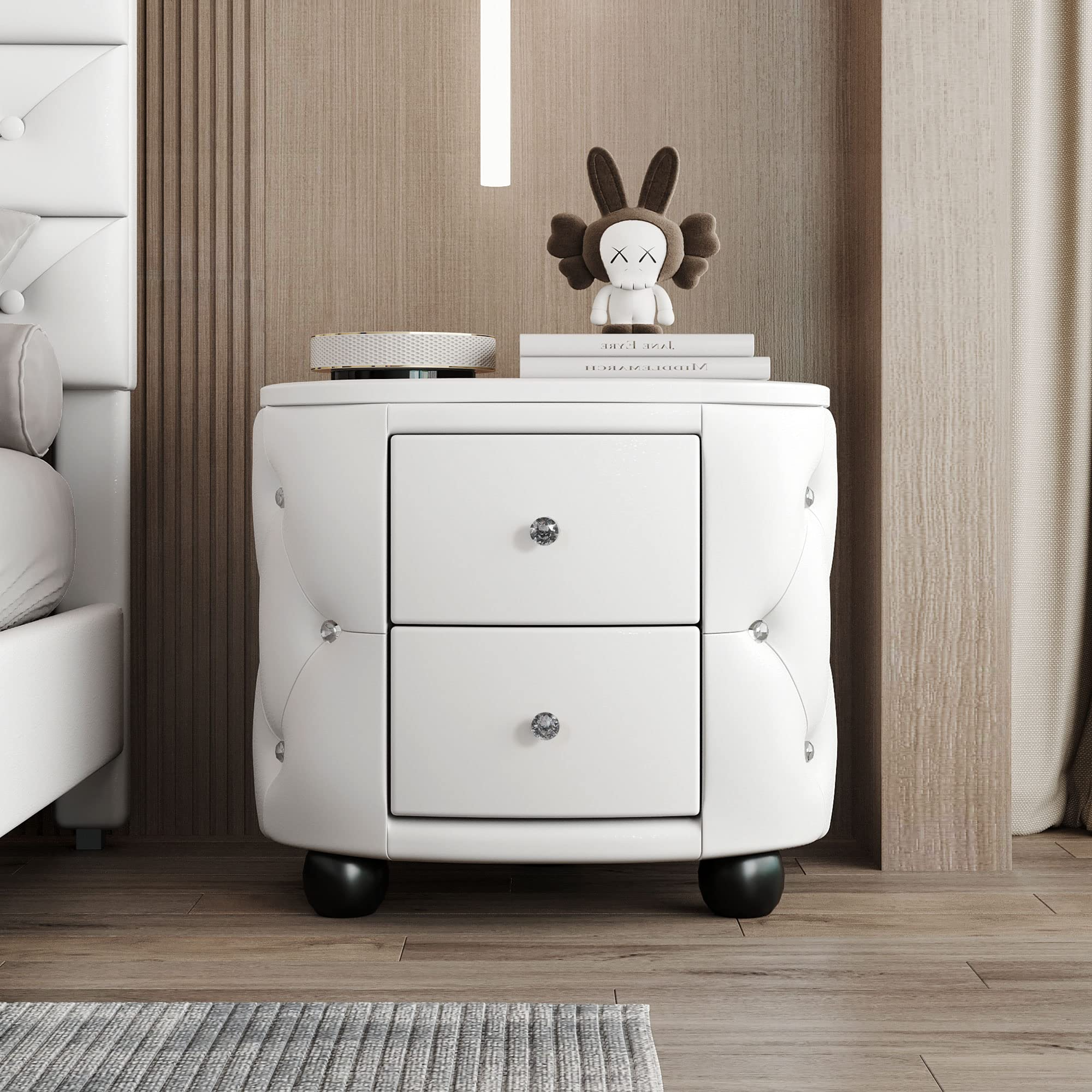 Modern Mid-Century Upholstered Night Stand with 2 Drawers for Bedroom