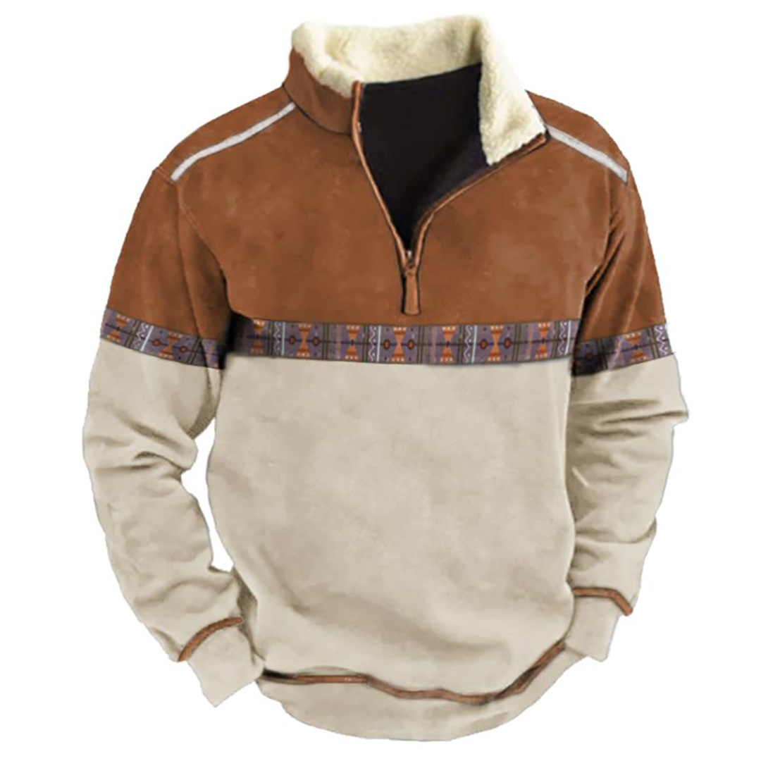 Men's Aztec Quarter Zip Color Contrast Winter Sweatshirt