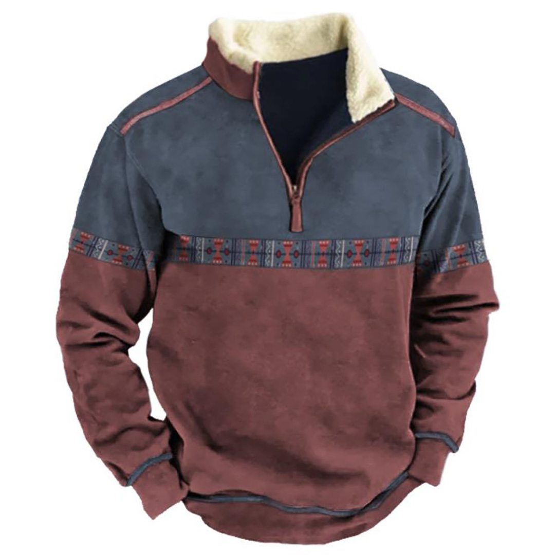Men's Aztec Quarter Zip Color Contrast Winter Sweatshirt