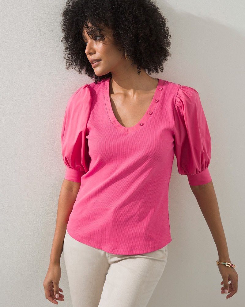 Puff Sleeve Ribbed Henley Tee French Rose
