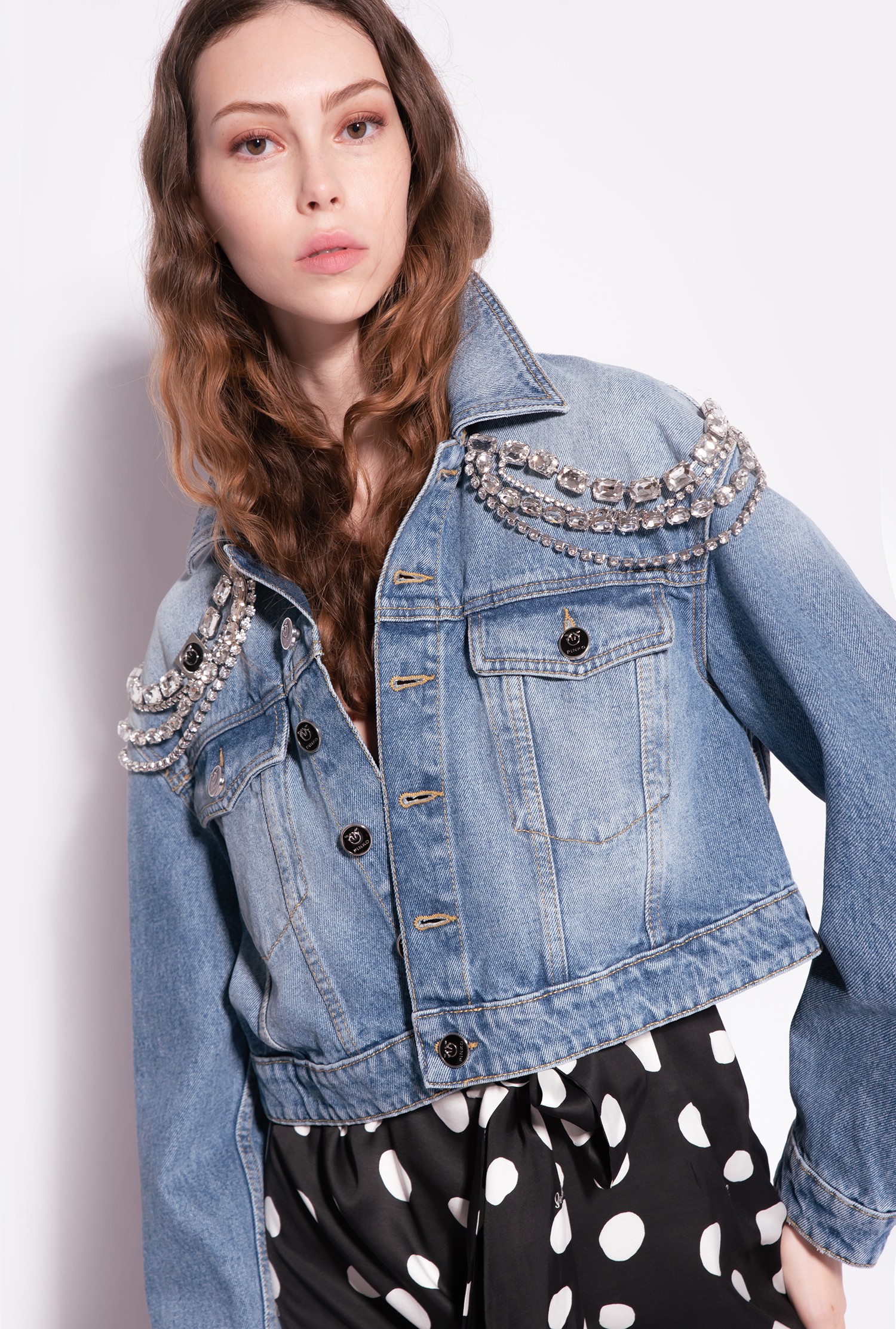 Denim jacket with jewel chains